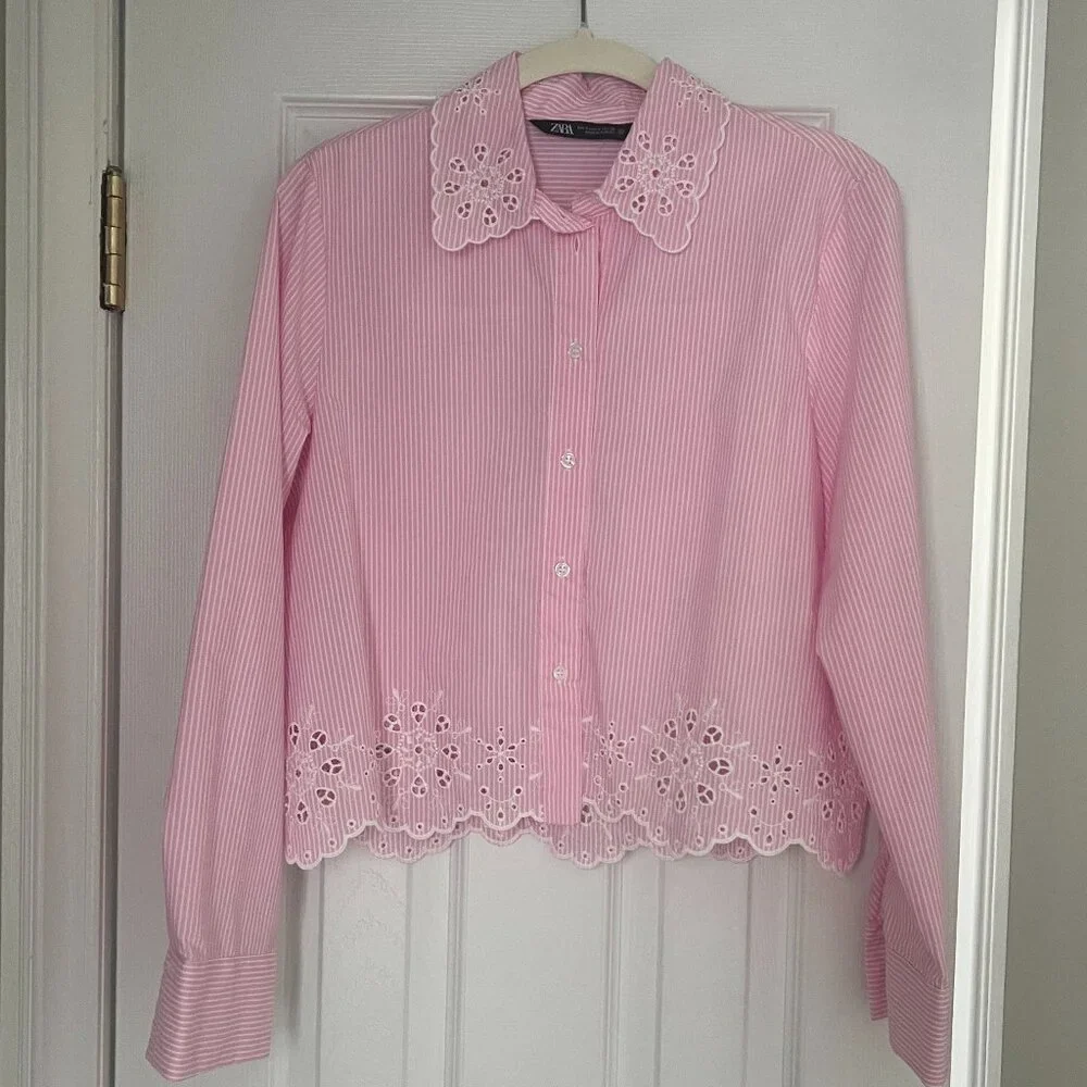 ZARA Pink Striped Eyelet Lace Collar Button-Down Shirt | Size S - Picture 2 of 5